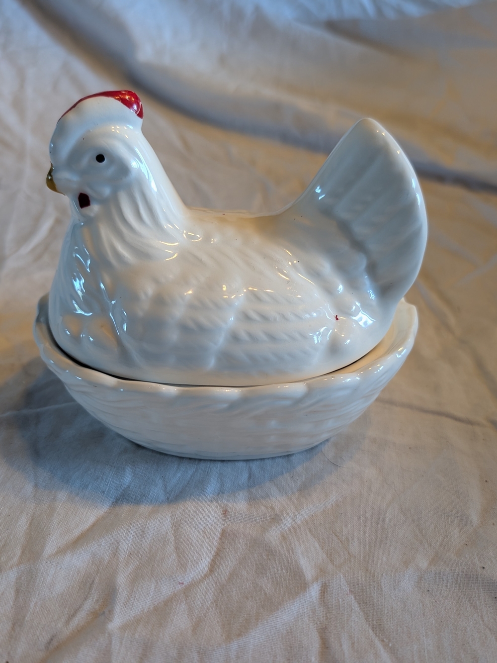 2/40$ Vintage White Ceramic Hen Covered Dish with Red Comb and Gold Beak